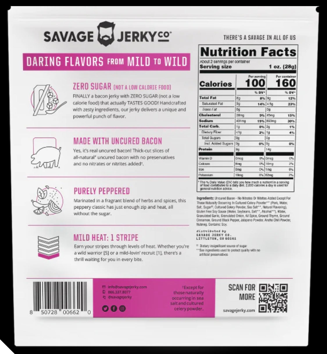 Savage Jerky Co Purely Peppered Uncured Bacon Jerky 1.6oz Gluten Free Zero Sugar