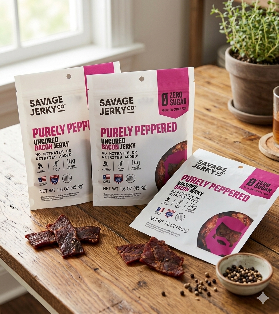 Savage Jerky Co Purely Peppered Uncured Bacon Jerky 1.6oz Gluten Free Zero Sugar