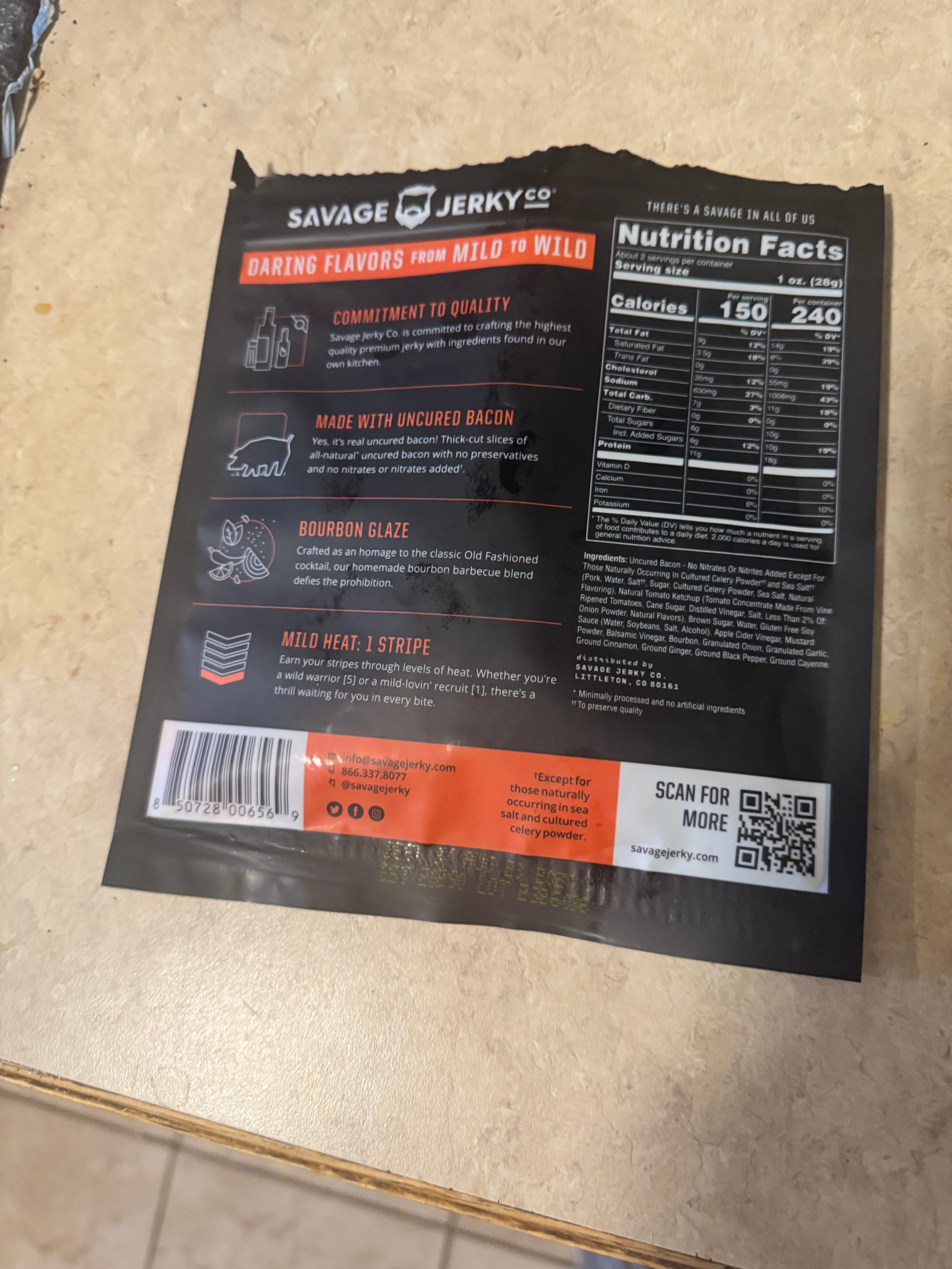 Savage Jerky Co Bourbon Glaze Uncured Bacon Jerky Gluten Free 1.6 Oz