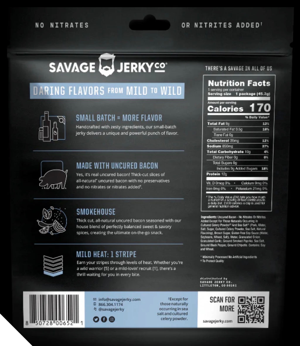 Savage Jerky Co Smokehouse Uncured Bacon Jerky 1.6oz No Nitrates