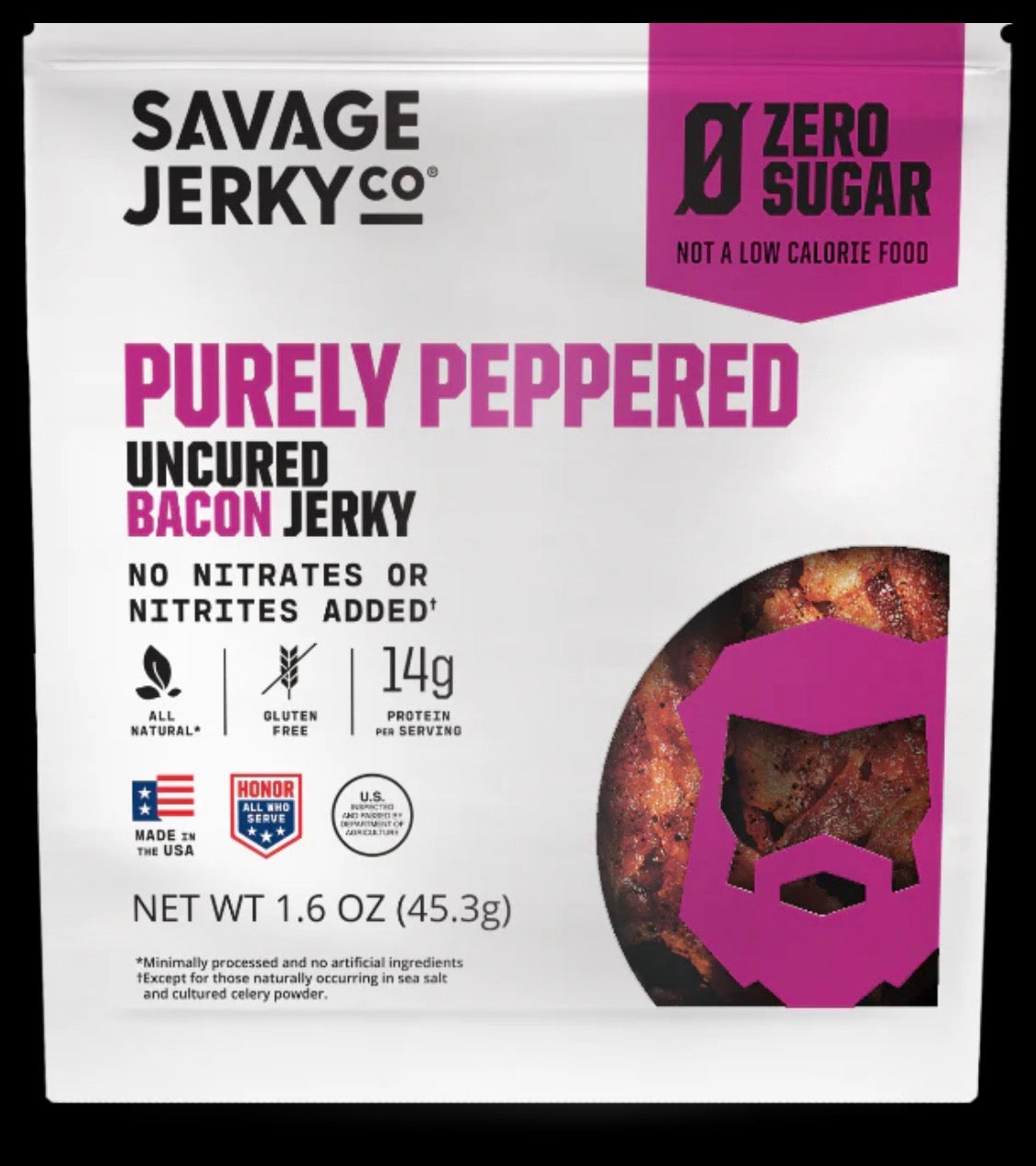 Savage Jerky Co Purely Peppered Uncured Bacon Jerky 1.6oz Gluten Free Zero Sugar