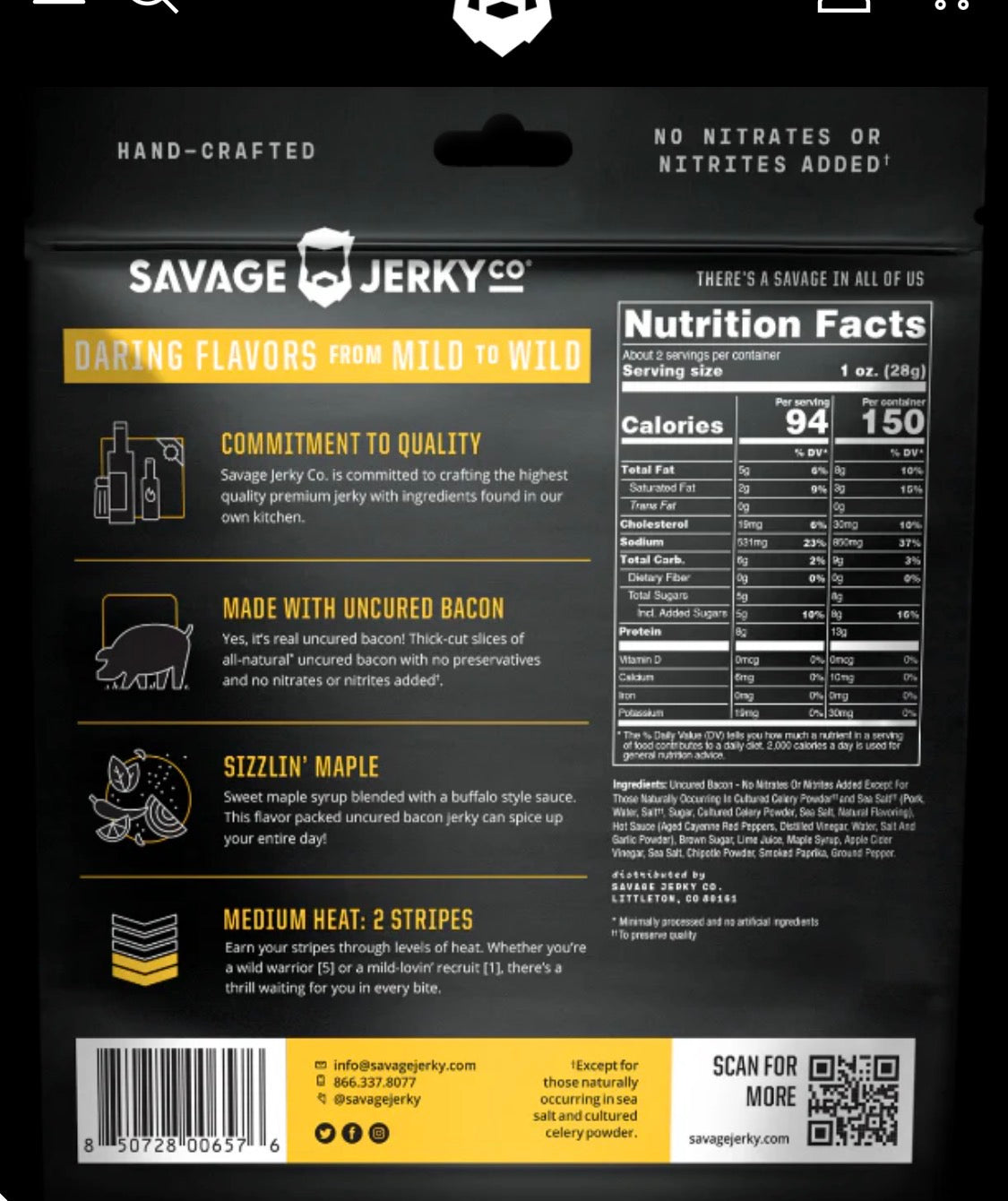 Savage Jerky Co Sizzlin' Maple Bacon Jerky 1.6oz Gluten Free All Natural