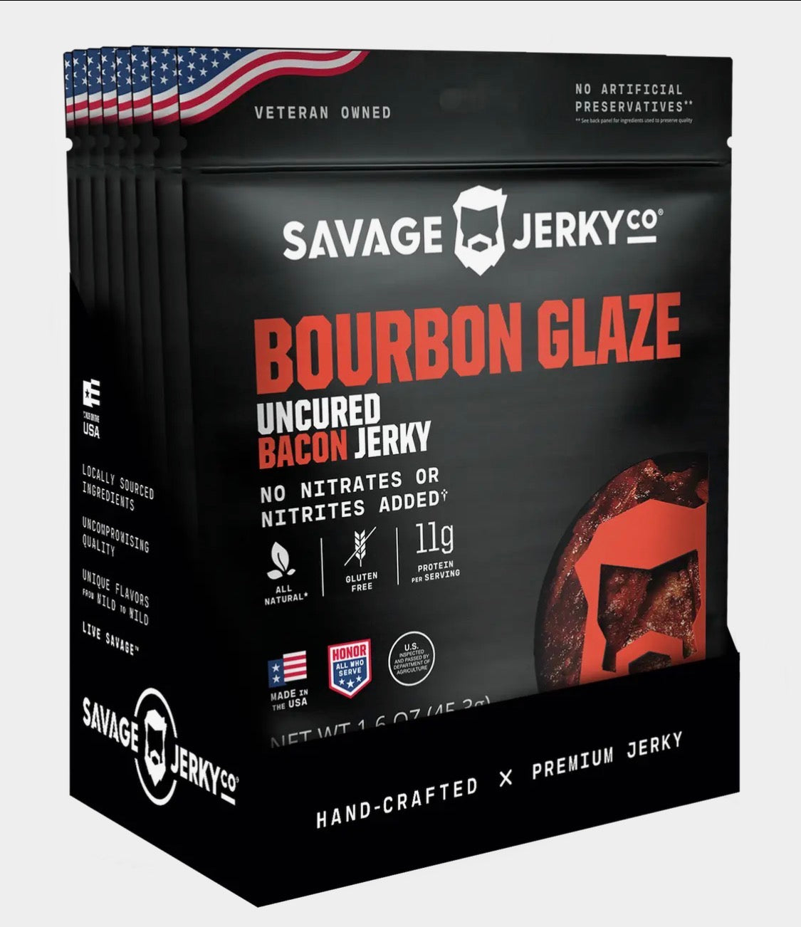 Savage Jerky Co Bourbon Glaze Uncured Bacon Jerky Gluten Free 1.6 Oz