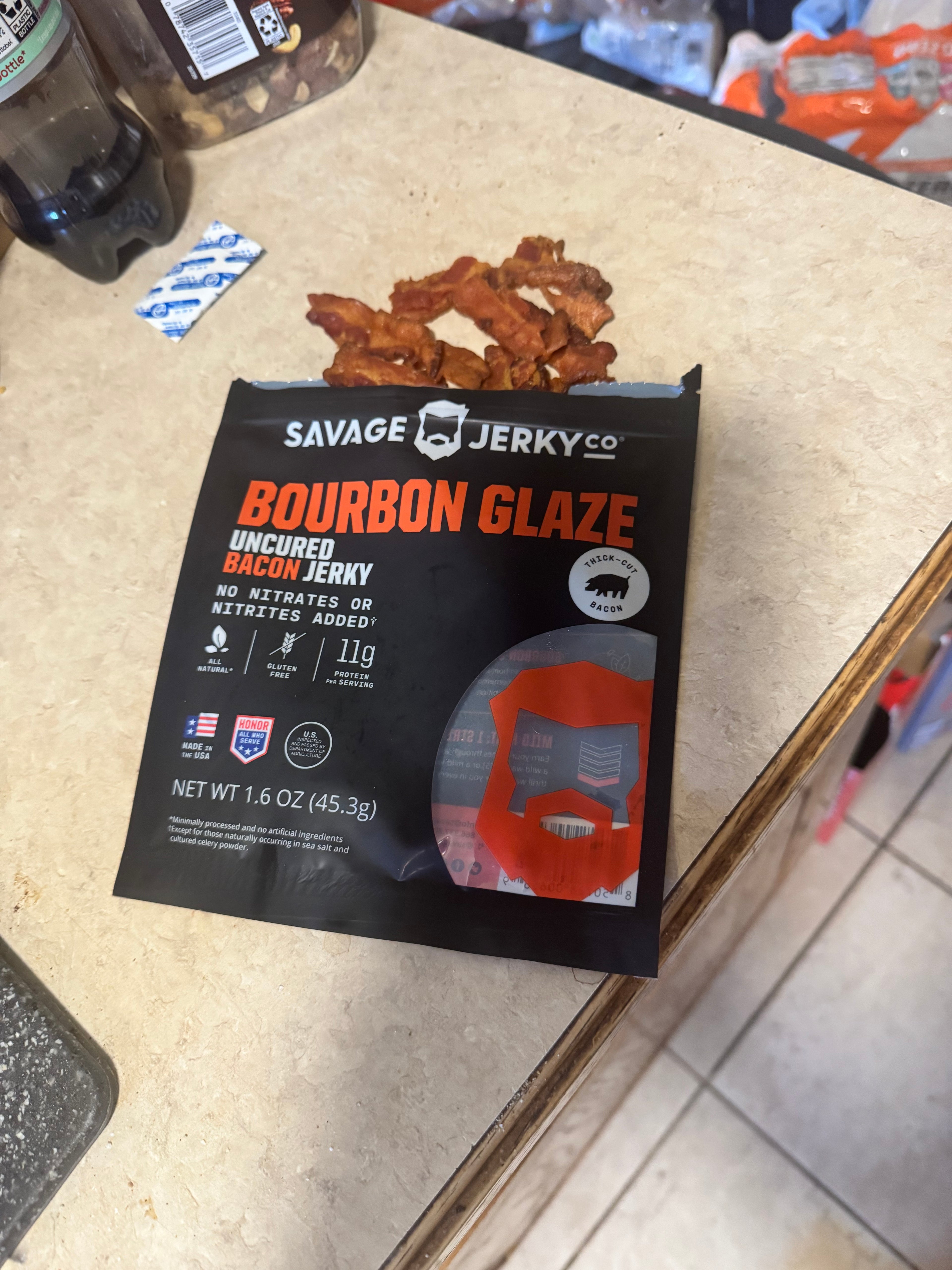 Savage Jerky Co Bourbon Glaze Uncured Bacon Jerky Gluten Free 1.6 Oz